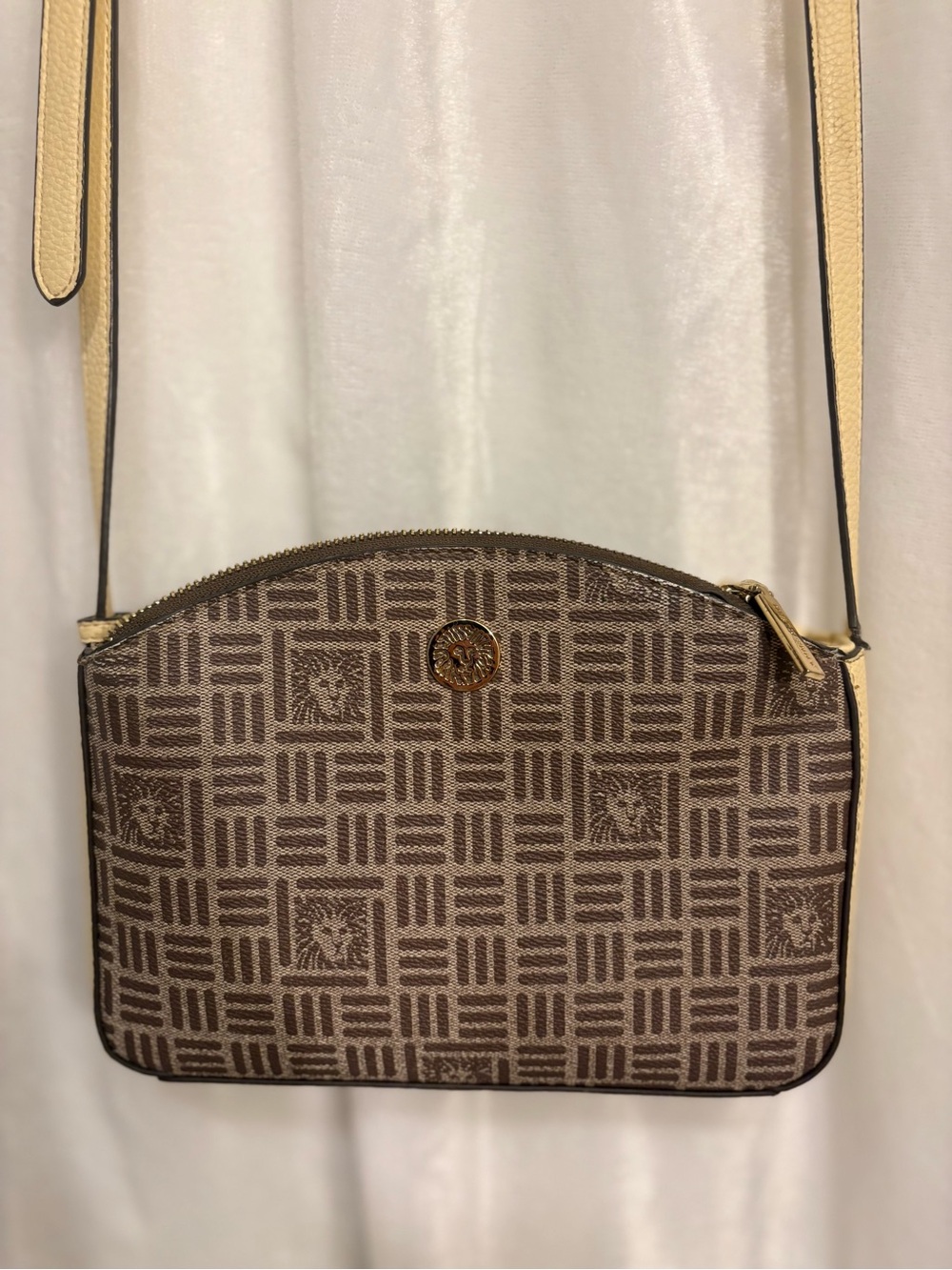Anne Klein Taupe Brown Monogram Crossbody Bag with Gold Logo